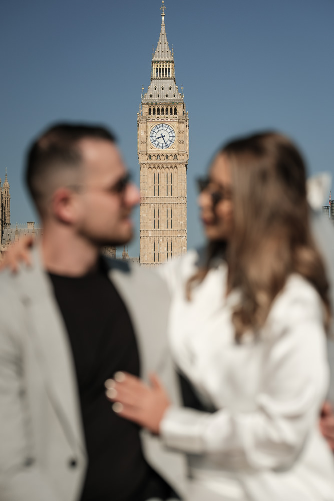 Woman and man looking at each other and through them appears Big Ben