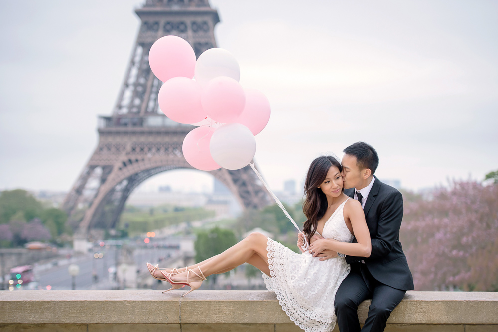 Pink balloons are the perfect props for cute engagement photos