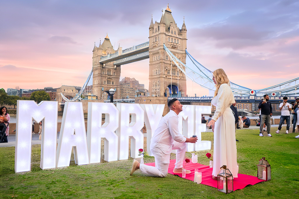 Fairy Tale Proposals London - Marry Me romantic setup near tower bridge