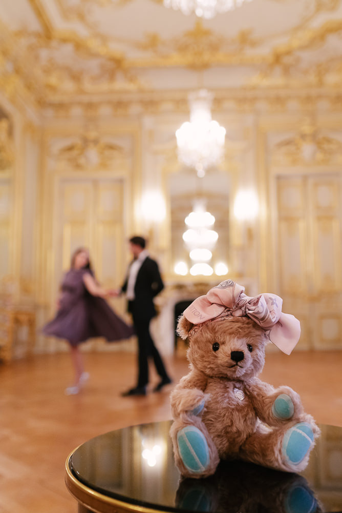 LV Teddy Bear used as prop during babymoon photoshoot at Shangri La Paris