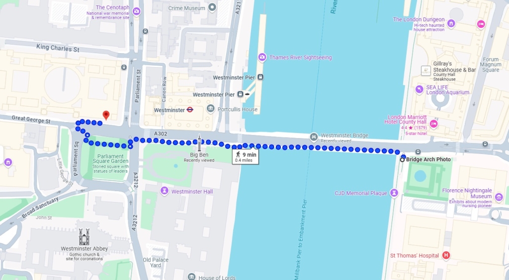 map of walking itinerary from telephone booths to bridge view big ben